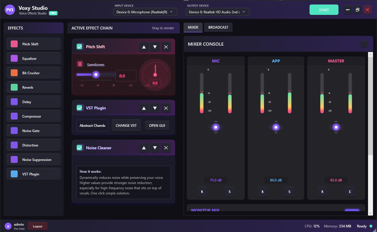 VoxyStudio Dashboard with voice transformation controls and real-time audio processing